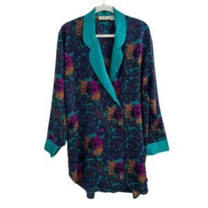 Vtg 90s Victoria's Secret Gold Label Satin Floral Green Night Shirt Robe Size L